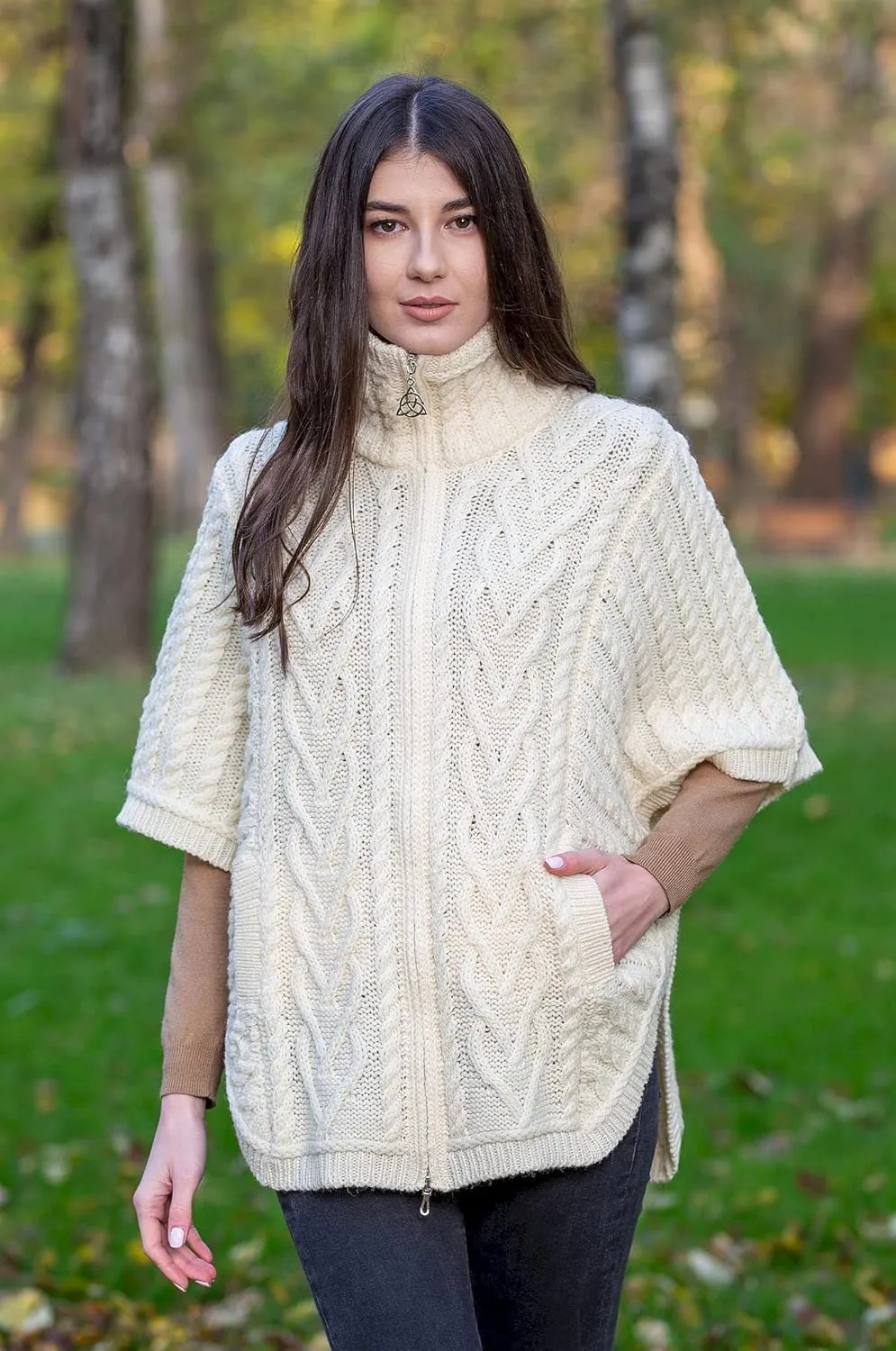 SAOL Irish Cardigan for Women Made of 100% Merino Wool Ireland Poncho with Front Pockets