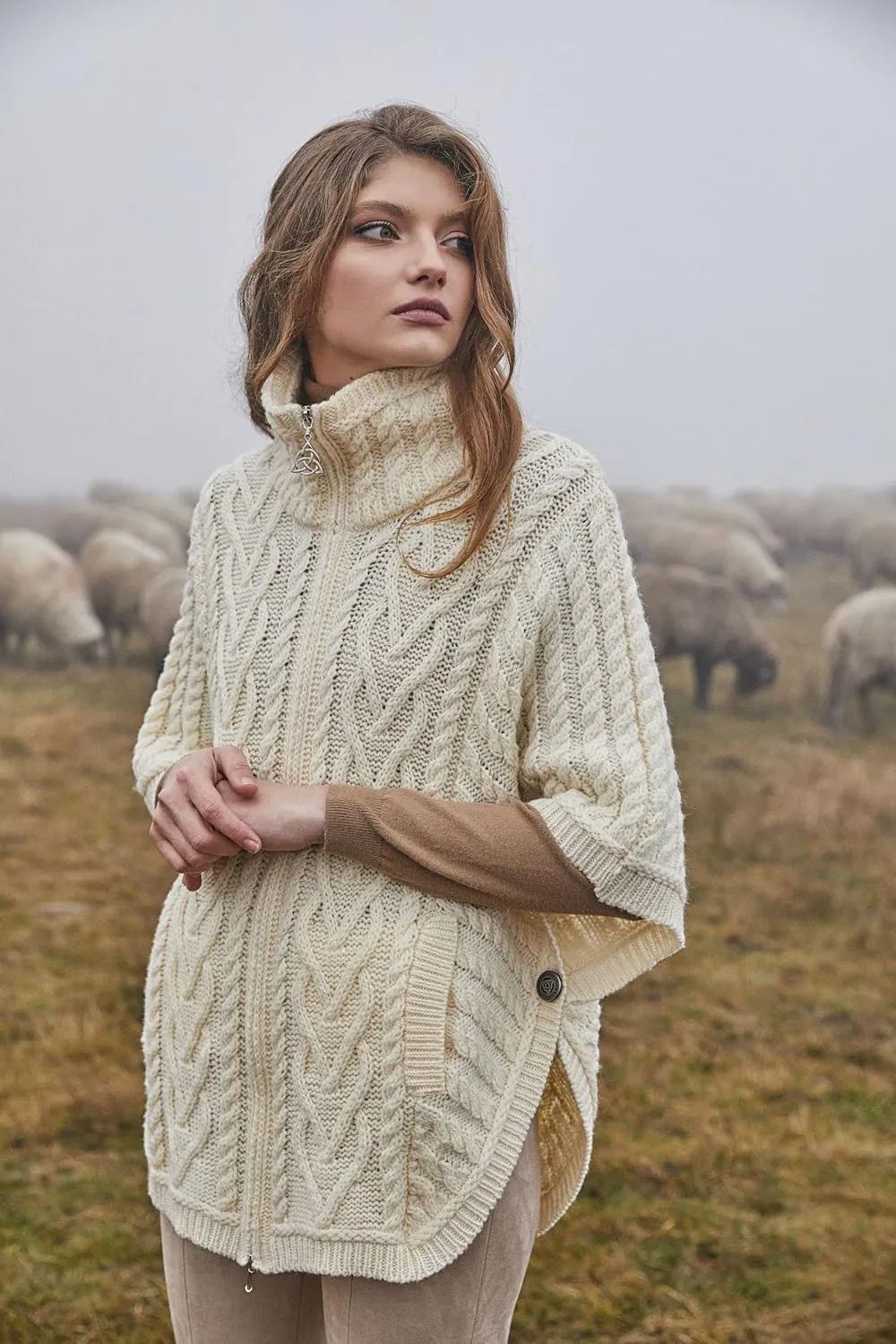 SAOL Irish Cardigan for Women Made of 100% Merino Wool Ireland Poncho with Front Pockets