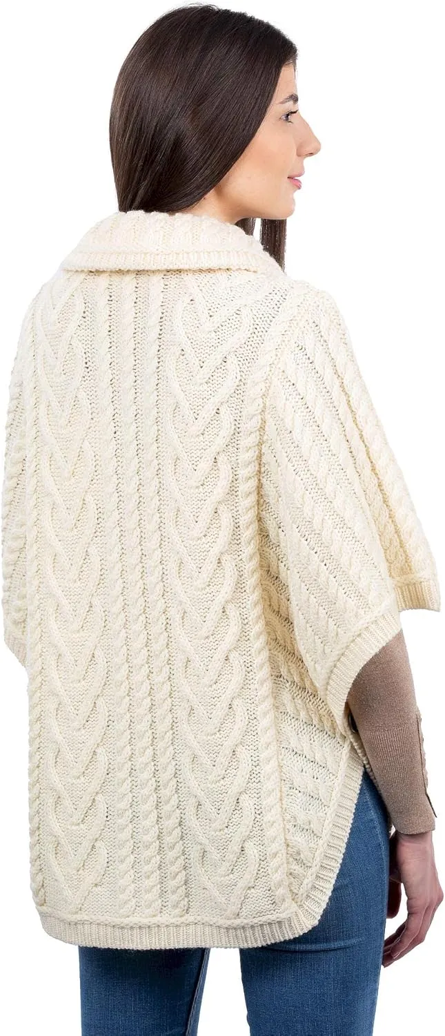 SAOL Irish Cardigan for Women Made of 100% Merino Wool Ireland Poncho with Front Pockets