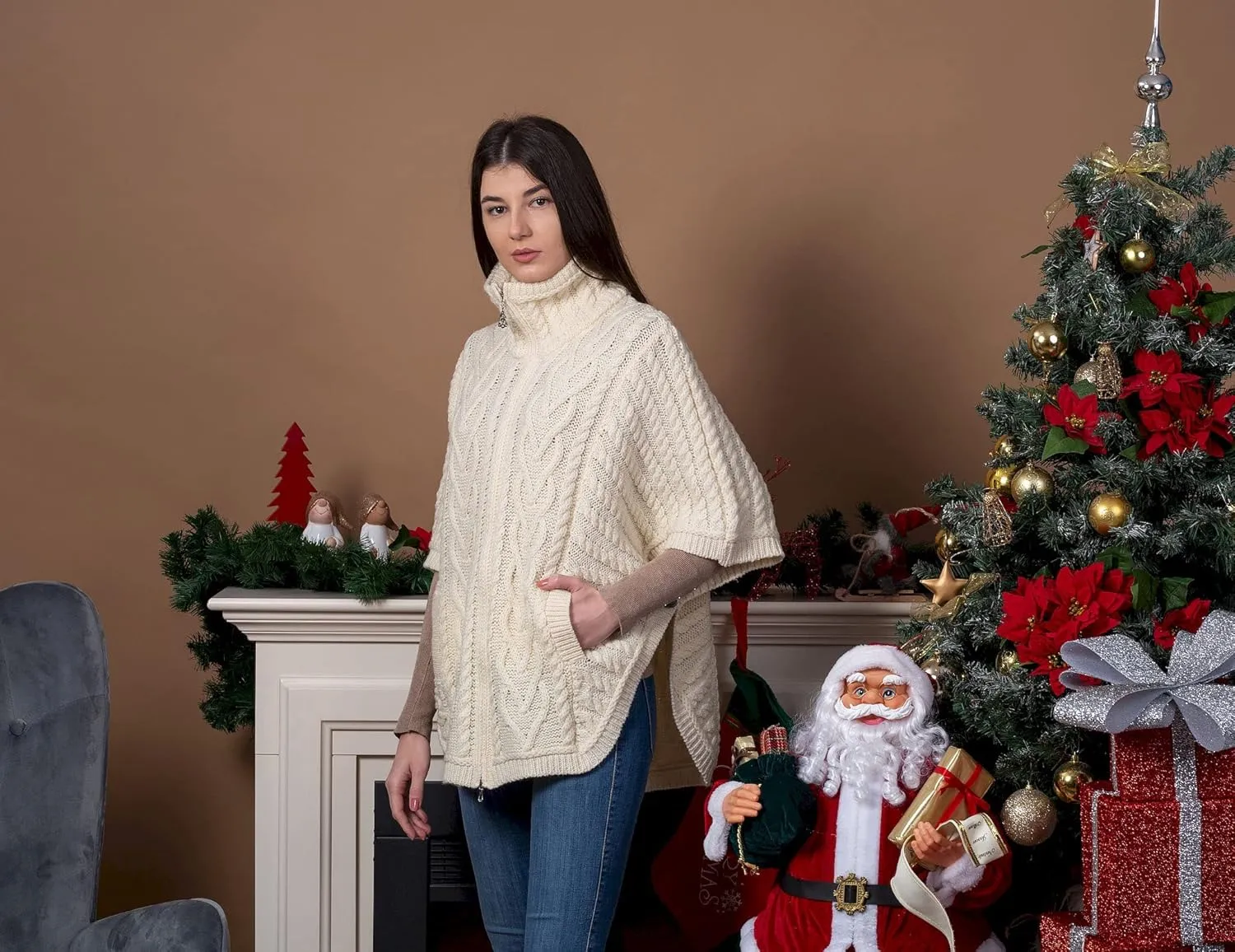 SAOL Irish Cardigan for Women Made of 100% Merino Wool Ireland Poncho with Front Pockets