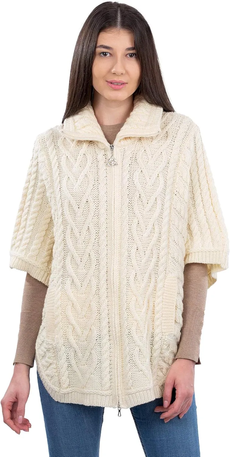 SAOL Irish Cardigan for Women Made of 100% Merino Wool Ireland Poncho with Front Pockets