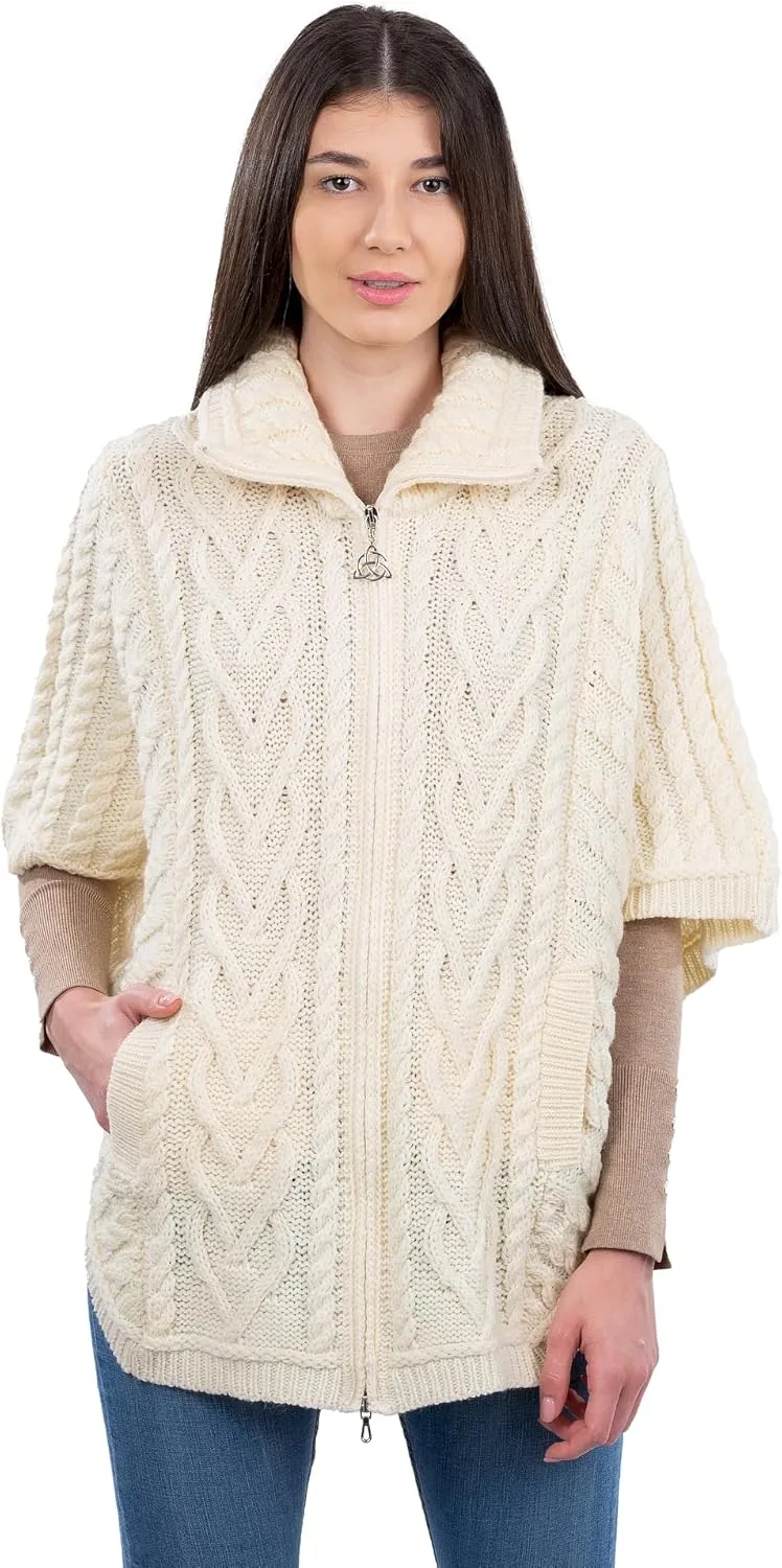 SAOL Irish Cardigan for Women Made of 100% Merino Wool Ireland Poncho with Front Pockets