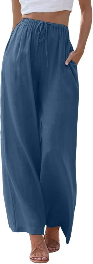 sdbrld Pantalones De Lino De Las Mujeres Linen Wide Leg Pants for Women Shorts Linen Pants Women Summer,Womens Linen Pants with Pockets High Waist Adjustable Knot Casual Trousers (Z41-Blue, L)