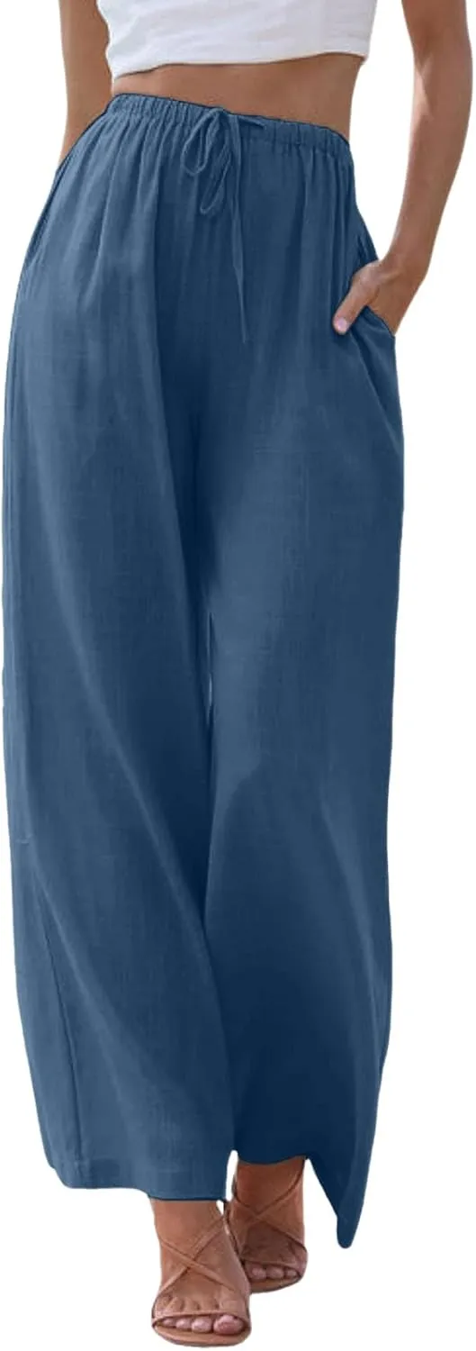 sdbrld Pantalones De Lino De Las Mujeres Linen Wide Leg Pants for Women Shorts Linen Pants Women Summer,Womens Linen Pants with Pockets High Waist Adjustable Knot Casual Trousers (Z41-Blue, L)