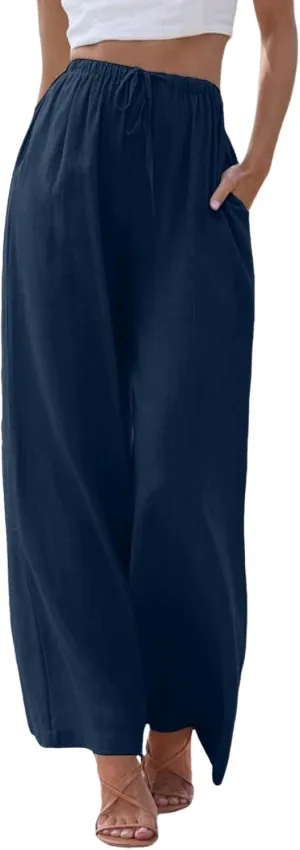 sdbrld Pantalones De Lino De Las Mujeres Linen Wide Leg Pants for Women Shorts Linen Pants Women Summer,Womens Linen Pants with Pockets High Waist Adjustable Knot Casual Trousers (Z41-Navy, L)