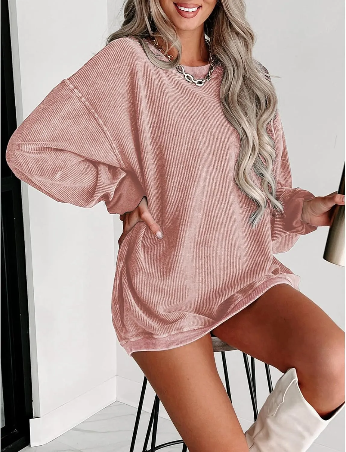 SELINK Womens Crewneck Oversized Corduroy Corded Sweatshirt Long Sleeve Casual Pullover Tops