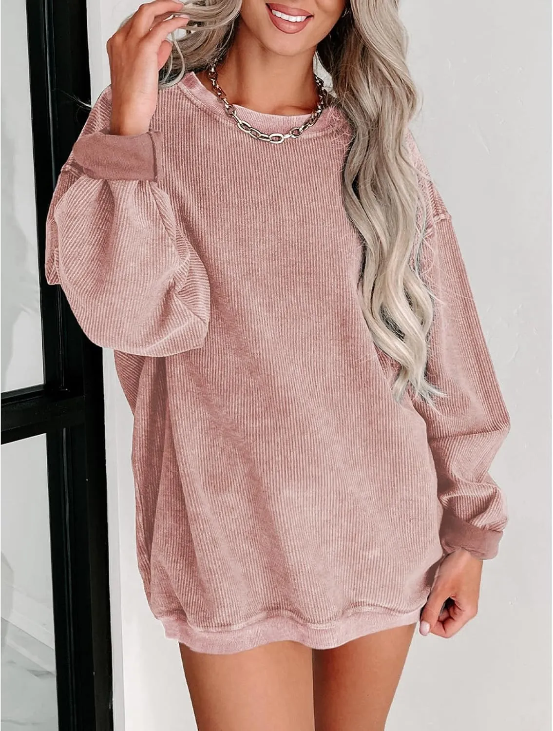 SELINK Womens Crewneck Oversized Corduroy Corded Sweatshirt Long Sleeve Casual Pullover Tops