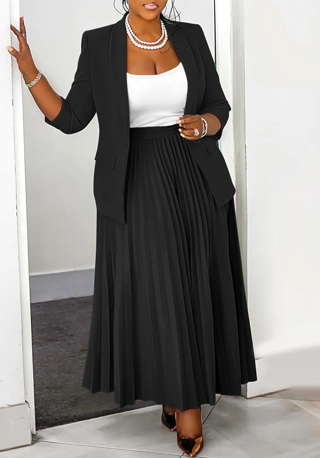 Seltaon 2 Piece Suit Sets for Women Long Sleeve Open Front Blazer and Pleated Maxi Skirts Set Outfits Business Plus Size