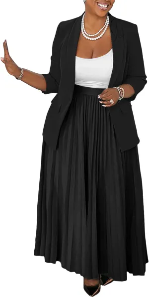 Seltaon 2 Piece Suit Sets for Women Long Sleeve Open Front Blazer and Pleated Maxi Skirts Set Outfits Business Plus Size