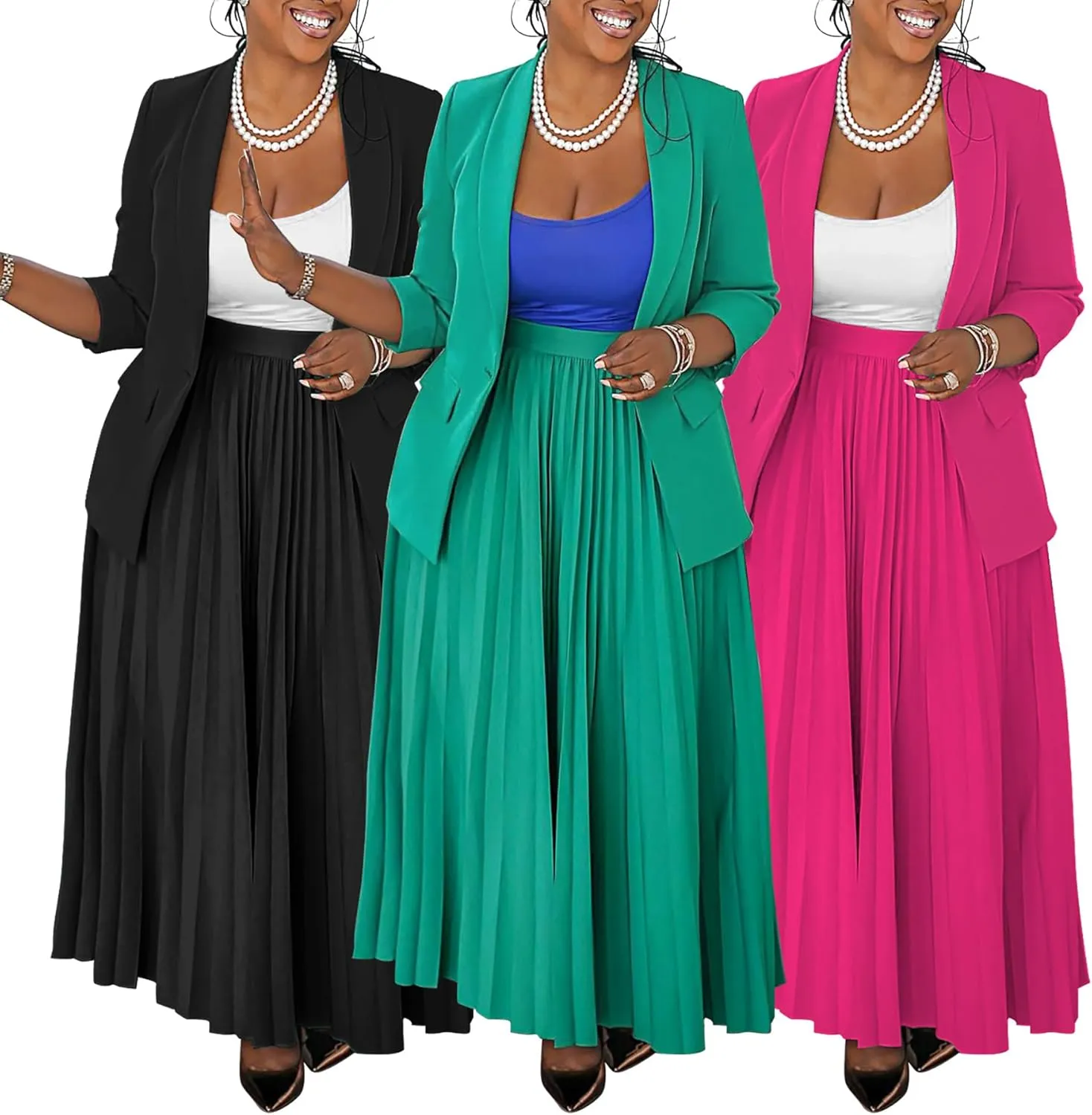 Seltaon 2 Piece Suit Sets for Women Long Sleeve Open Front Blazer and Pleated Maxi Skirts Set Outfits Business Plus Size