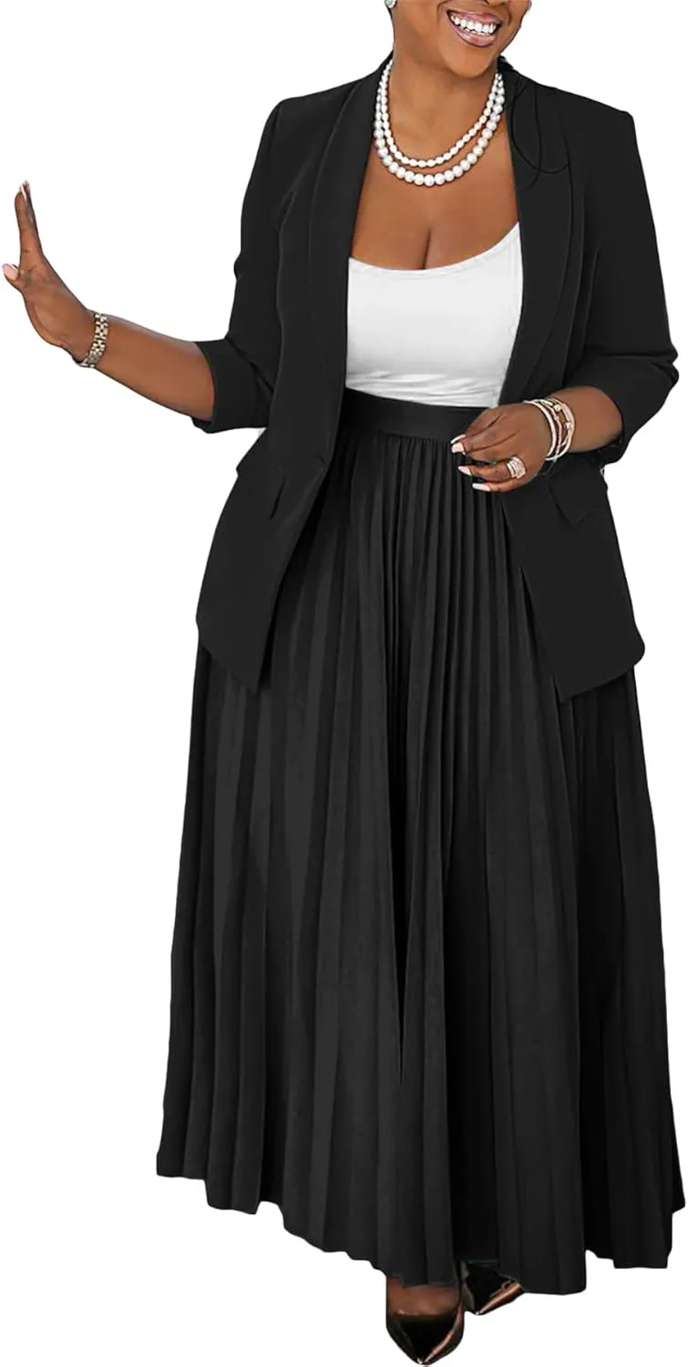 Seltaon 2 Piece Suit Sets for Women Long Sleeve Open Front Blazer and Pleated Maxi Skirts Set Outfits Business Plus Size