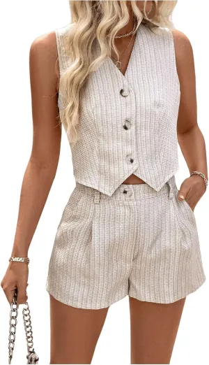 SHENHE Women's 2 Piece Suits Set Button Up Sleeveless Blazer Vest Crop Top and Shorts Set