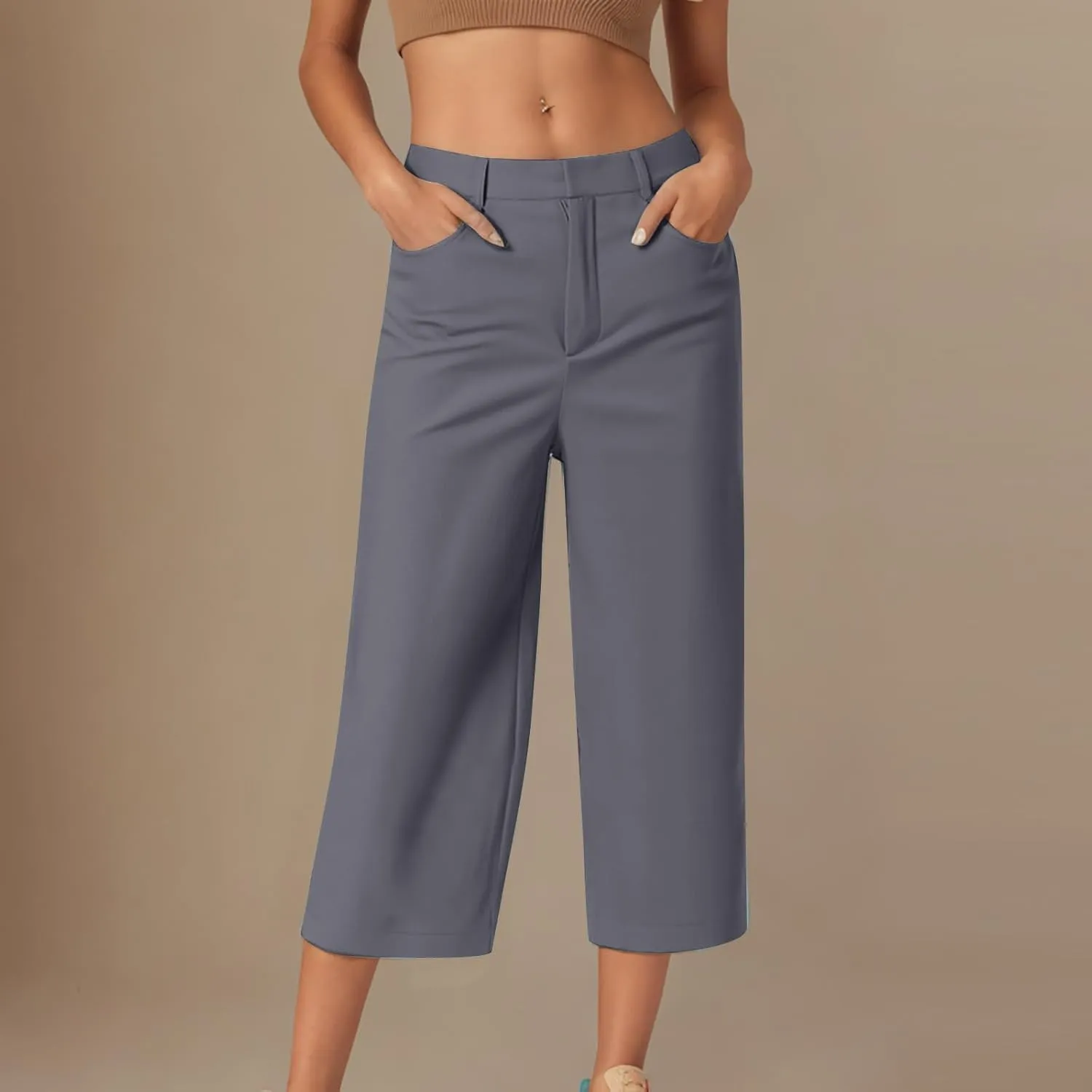 SHOPESSA Womens Capri Pants with Pockets High Waist Wide Leg Cropped Pants Casual Loose Fit Trousers Solid Summer Capris