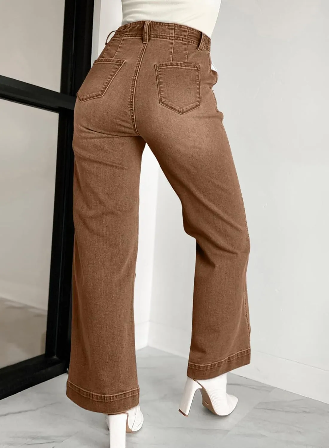 Sidefeel Women's Wide Leg Jeans High Waisted Button Fly Stretchy Straight Legs Denim Pants