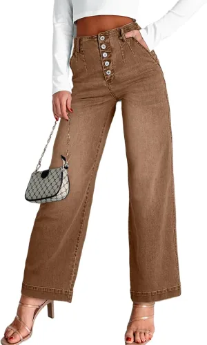 Sidefeel Women's Wide Leg Jeans High Waisted Button Fly Stretchy Straight Legs Denim Pants