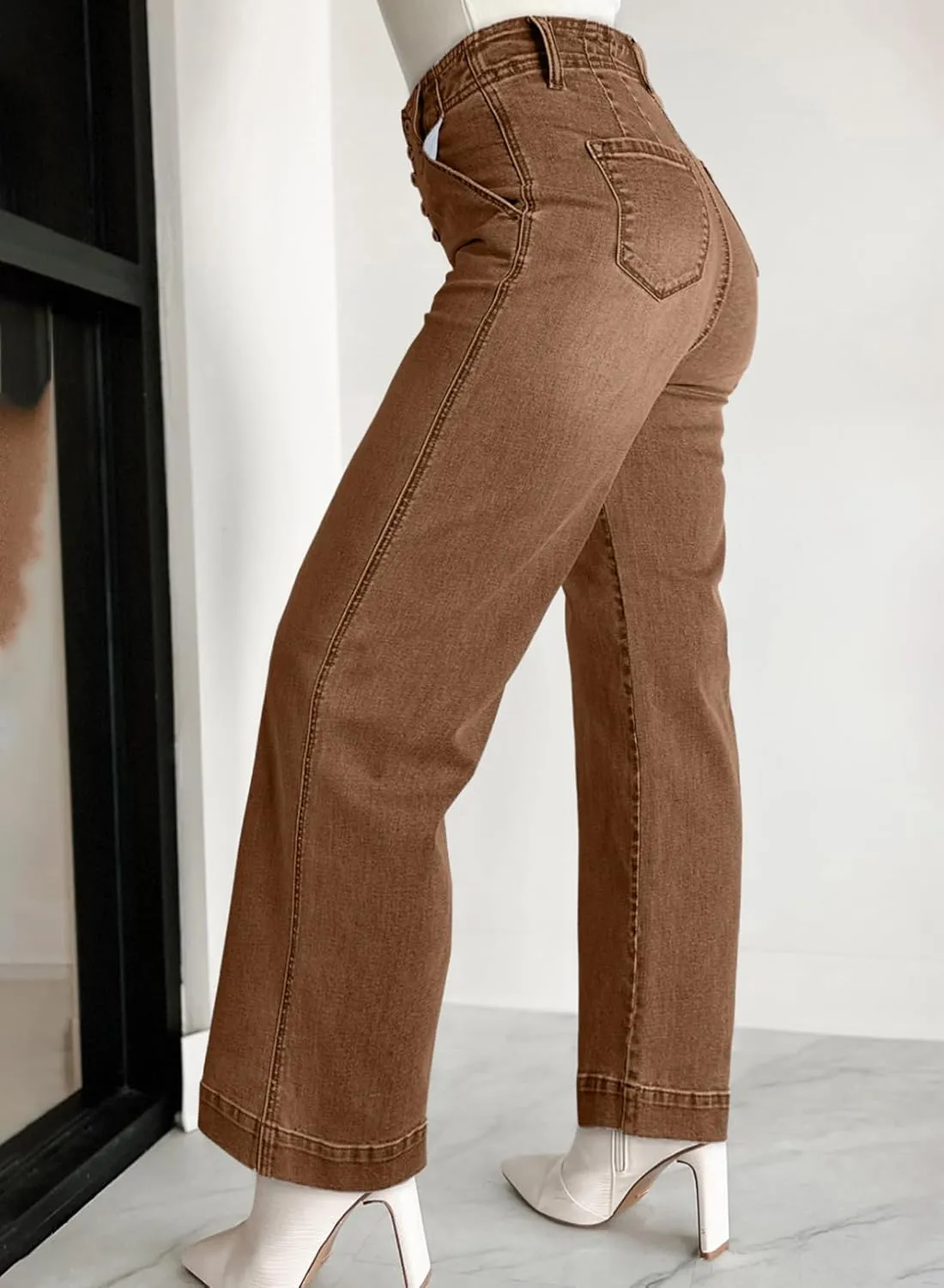 Sidefeel Women's Wide Leg Jeans High Waisted Button Fly Stretchy Straight Legs Denim Pants