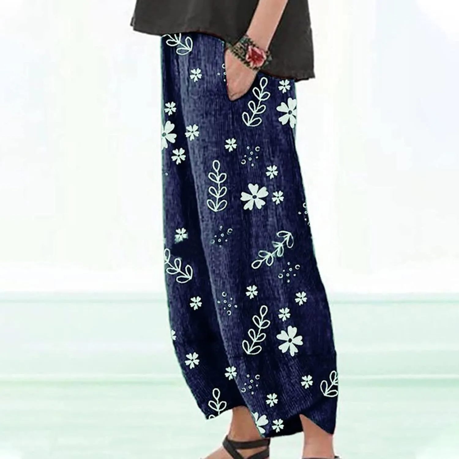 SMIDOW Capri Pants for Women Cotton Linen Wide Leg Capris Casual Summer Cropped Pants Beach Elastic Waist Baggy Crop Trousers