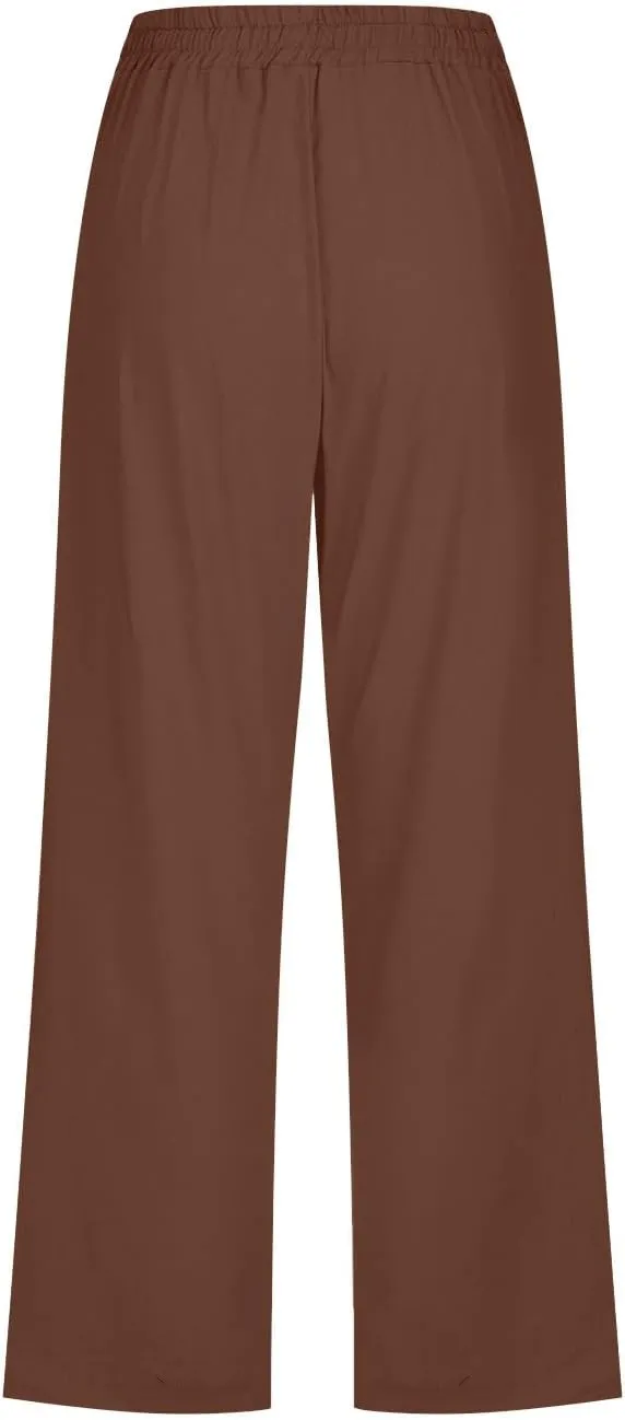 SMIDOW Women Cotton Linen Capris Pants Plus Size Knee Length Casual Elastic Waist Loose Paper Bag with Pockets Loose Trousers