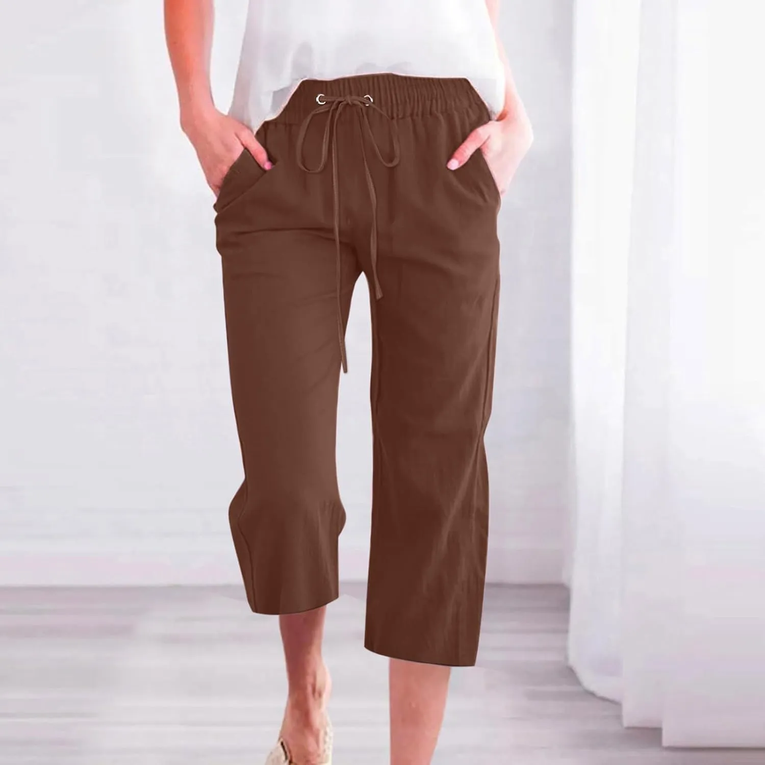 SMIDOW Women Cotton Linen Capris Pants Plus Size Knee Length Casual Elastic Waist Loose Paper Bag with Pockets Loose Trousers