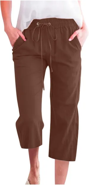 SMIDOW Women Cotton Linen Capris Pants Plus Size Knee Length Casual Elastic Waist Loose Paper Bag with Pockets Loose Trousers