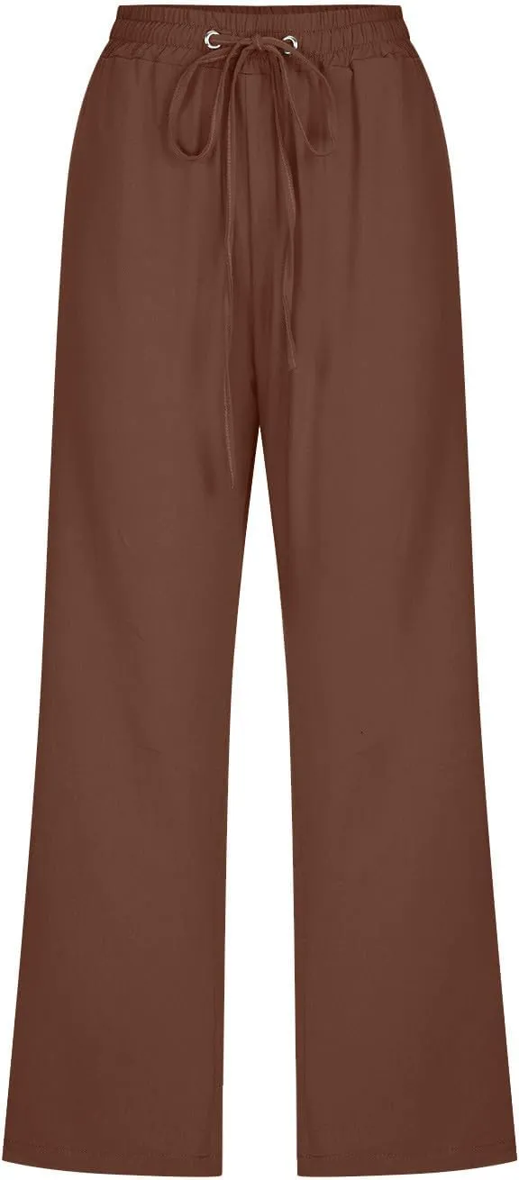 SMIDOW Women Cotton Linen Capris Pants Plus Size Knee Length Casual Elastic Waist Loose Paper Bag with Pockets Loose Trousers