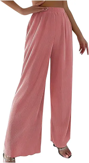 SMIDOW Womens Fashion Wide Leg Pants Casual Loose Elastic High Waist Palazzo Lounge Pants Solid Bootcut Trousers