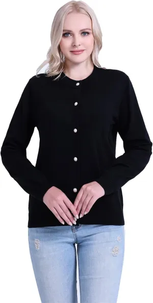 SMILING PINKER Women Cardigan Sweater Crewneck Pearl Button Knitted Tops Medium Weight