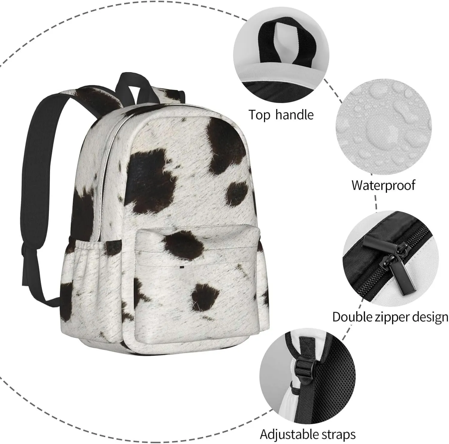 Spotty cowhide black and white fur Backpack Casual Laptop Backpack Large Capacity Double Shoulder Bag Travel Daypack For Women Men