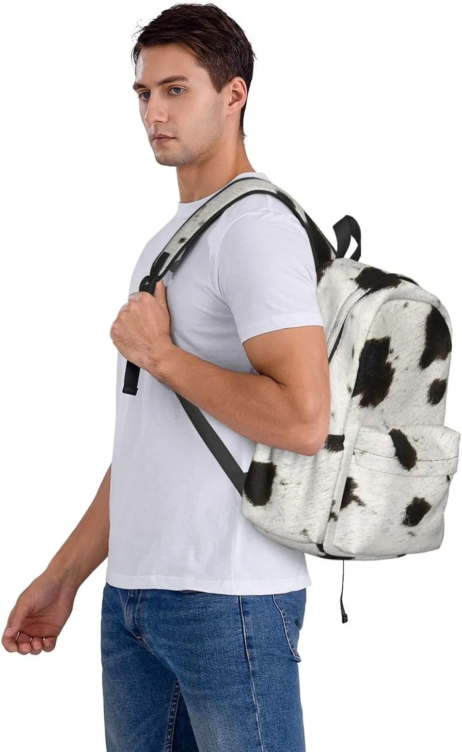 Spotty cowhide black and white fur Backpack Casual Laptop Backpack Large Capacity Double Shoulder Bag Travel Daypack For Women Men