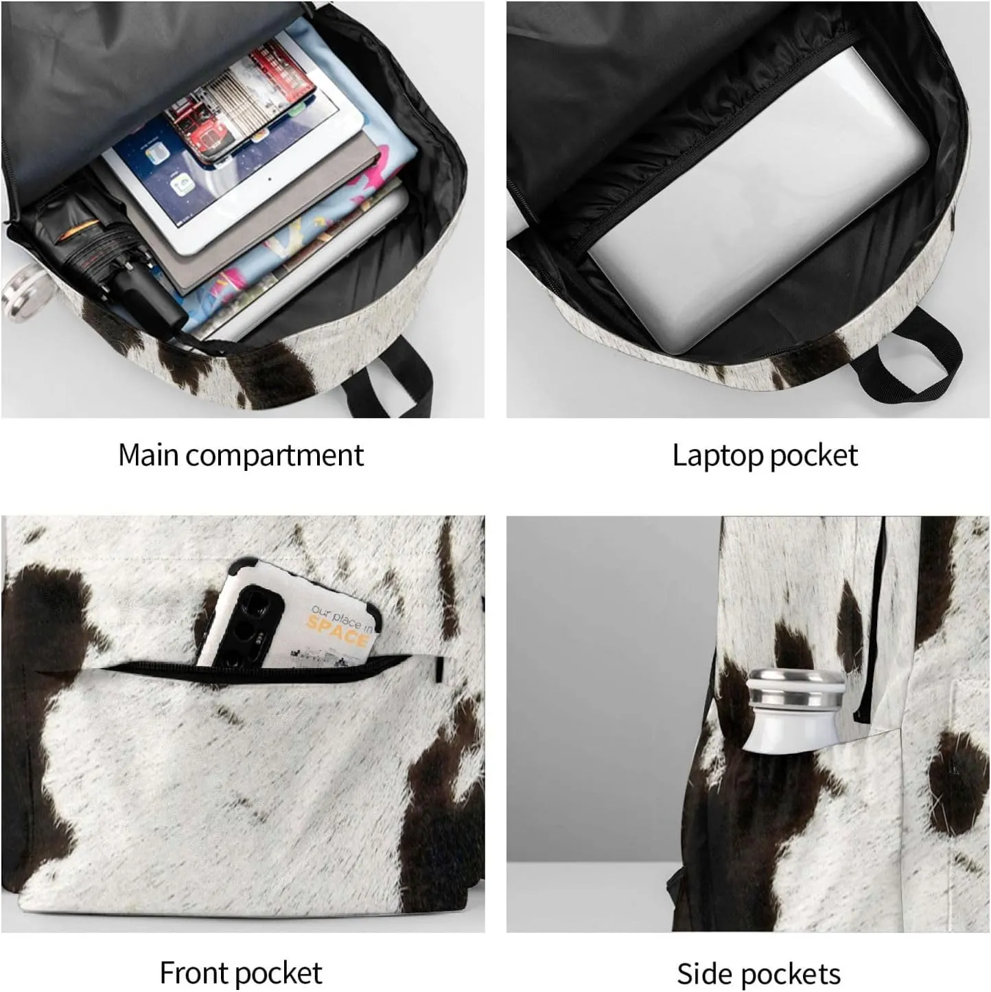 Spotty cowhide black and white fur Backpack Casual Laptop Backpack Large Capacity Double Shoulder Bag Travel Daypack For Women Men