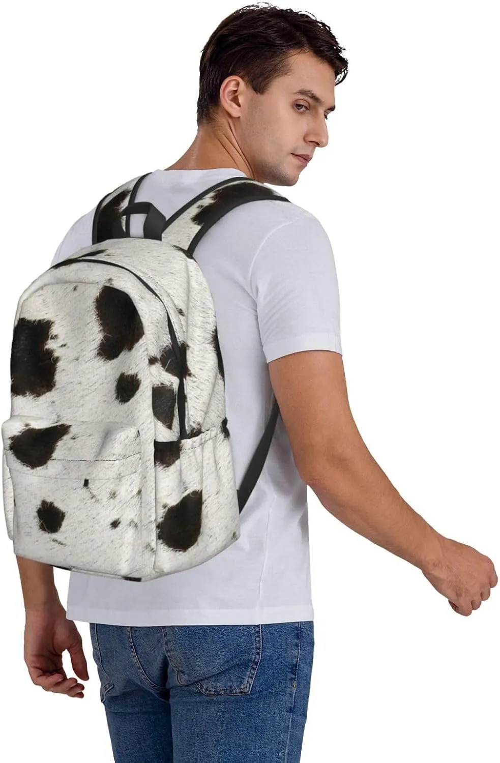 Spotty cowhide black and white fur Backpack Casual Laptop Backpack Large Capacity Double Shoulder Bag Travel Daypack For Women Men