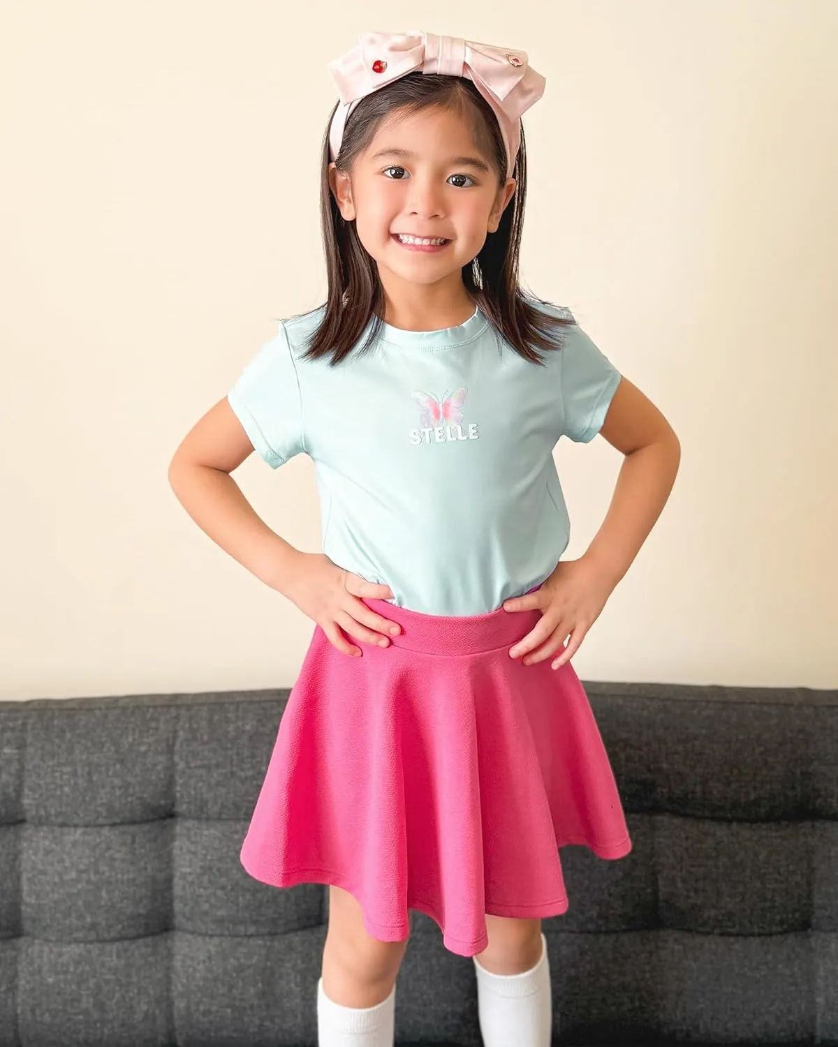 Stelle Girls Skirt Casual Flare Plain Pleated Stretch Waist Skater Skirts Uniform Skorts with Built in Shorts 5-15 Years