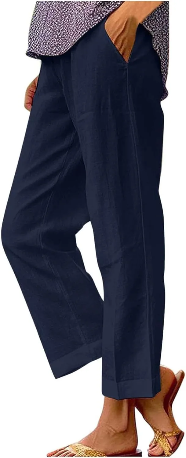 Summer Linen Pants for Women Loose Wide Leg Pants Comfy Stretch Trousers 2025 Baggy Plus Size Slacks with Pockets