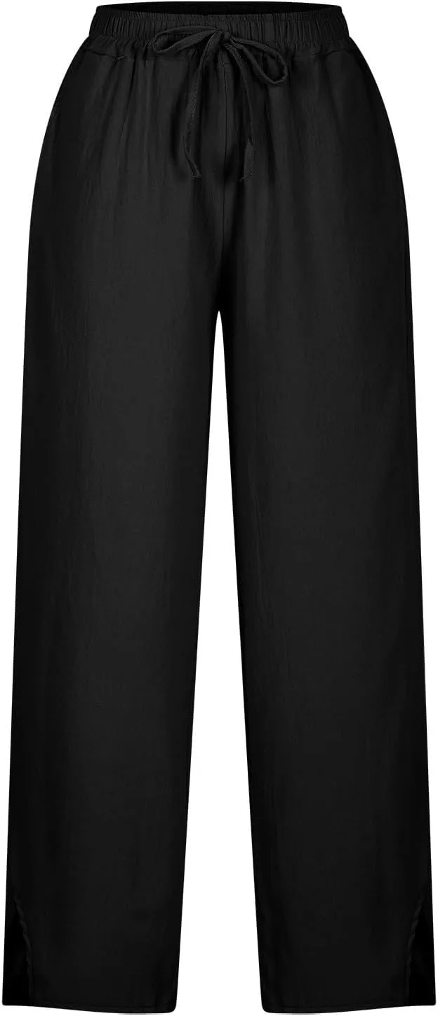 Summer Linen Pants Women High Waist Elastic Straight Wide Leg Lounge Pant Casual Loose Lightweight Beach Trousers