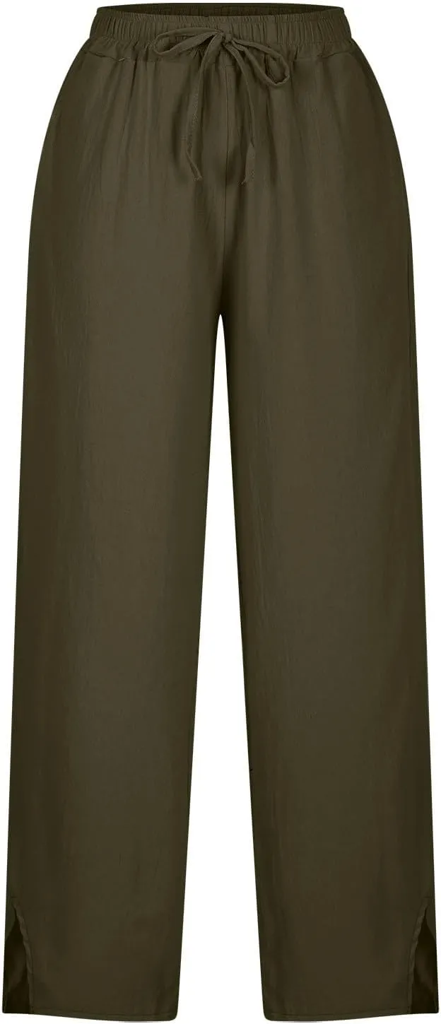 Summer Linen Pants Women High Waist Elastic Straight Wide Leg Lounge Pant Casual Loose Lightweight Beach Trousers