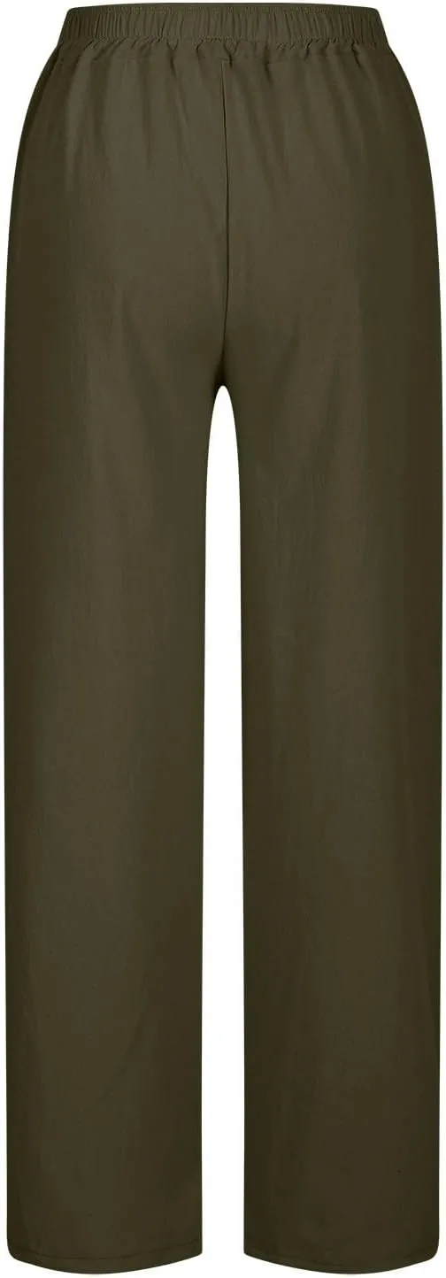 Summer Linen Pants Women High Waist Elastic Straight Wide Leg Lounge Pant Casual Loose Lightweight Beach Trousers