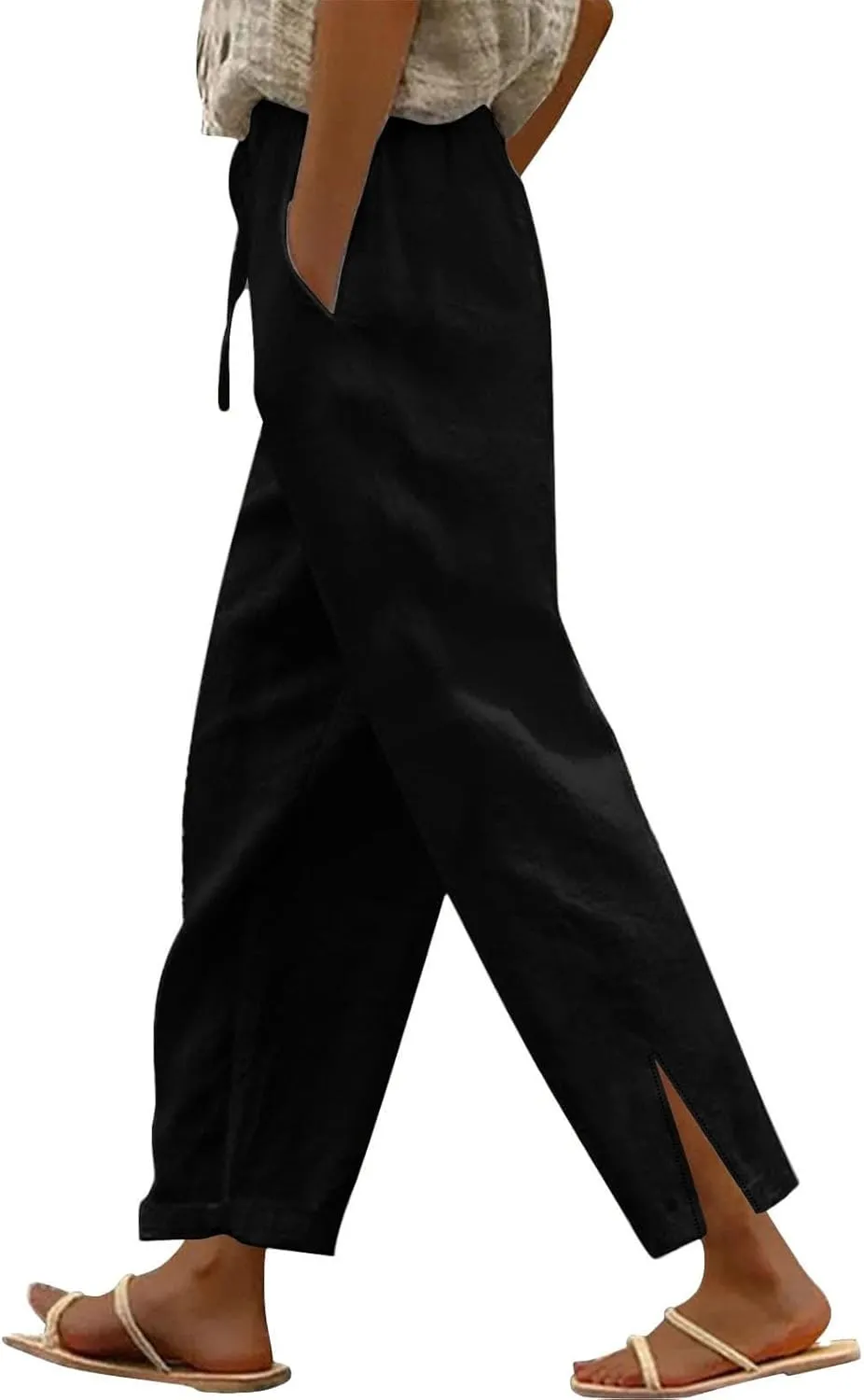 Summer Linen Pants Women High Waist Elastic Straight Wide Leg Lounge Pant Casual Loose Lightweight Beach Trousers