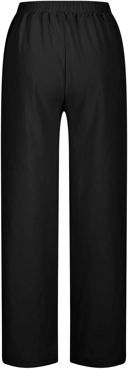 Summer Linen Pants Women High Waist Elastic Straight Wide Leg Lounge Pant Casual Loose Lightweight Beach Trousers