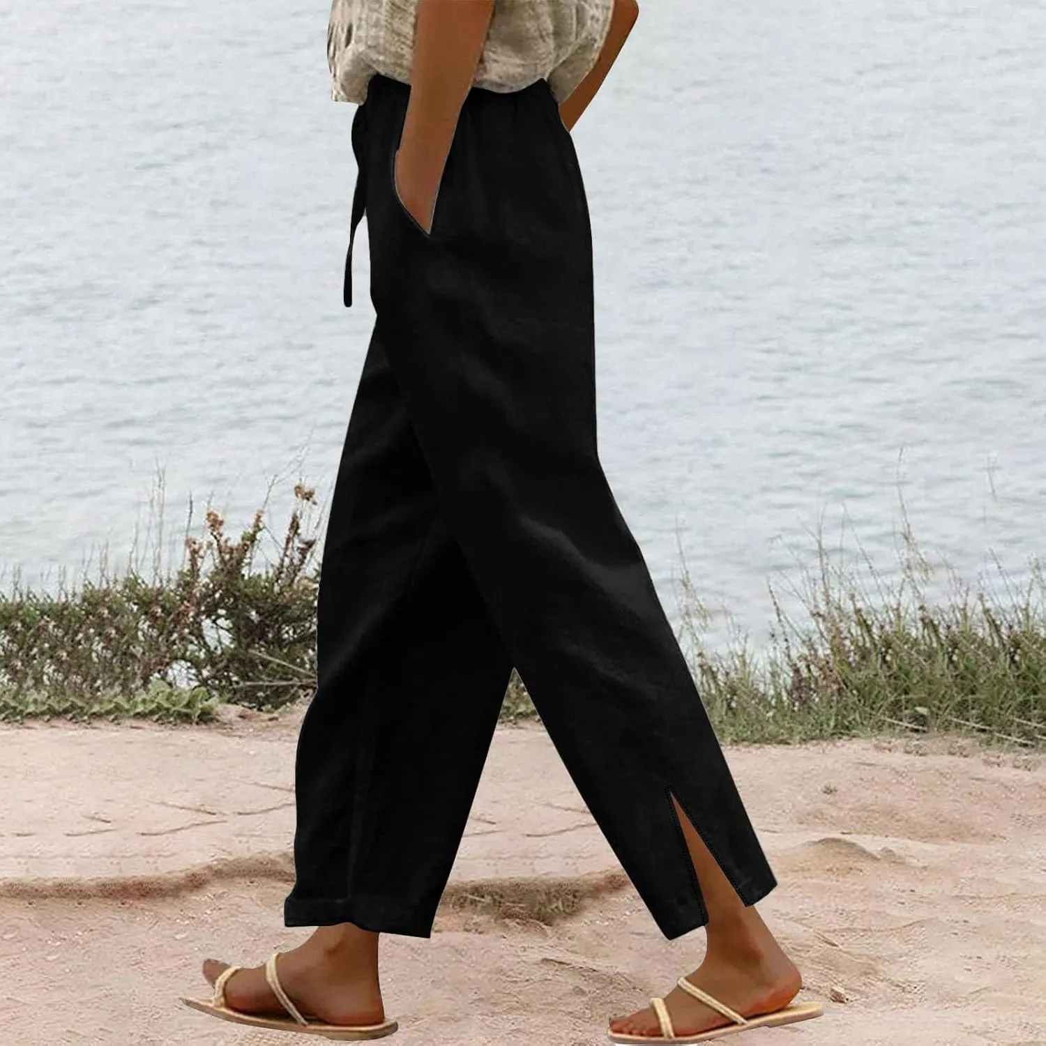 Summer Linen Pants Women High Waist Elastic Straight Wide Leg Lounge Pant Casual Loose Lightweight Beach Trousers
