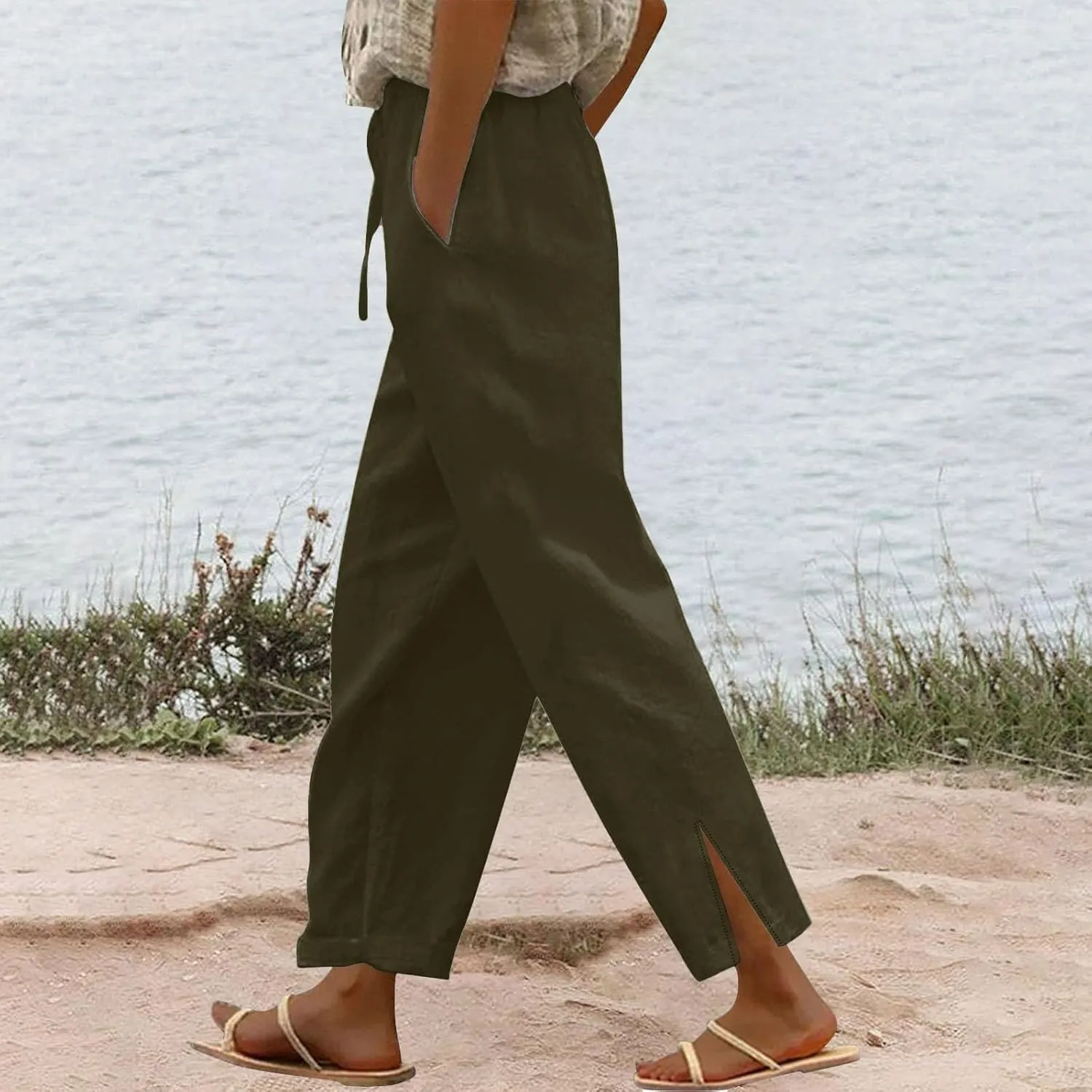 Summer Linen Pants Women High Waist Elastic Straight Wide Leg Lounge Pant Casual Loose Lightweight Beach Trousers