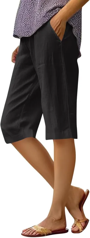Summer Shorts for Women Elastic High Waisted Linen Pedal Pushers with Pockets Business Casual Cropped Work Pants