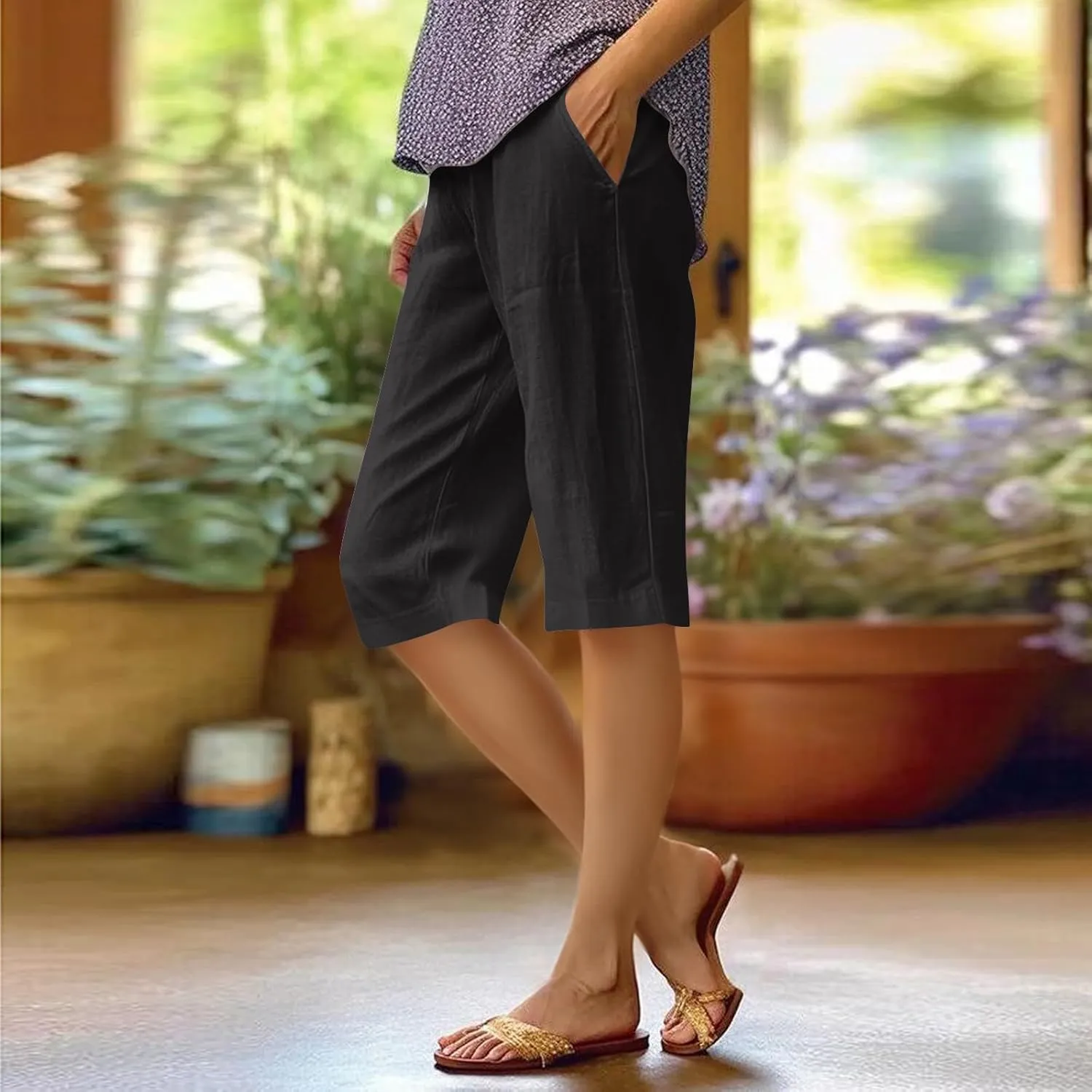 Summer Shorts for Women Elastic High Waisted Linen Pedal Pushers with Pockets Business Casual Cropped Work Pants