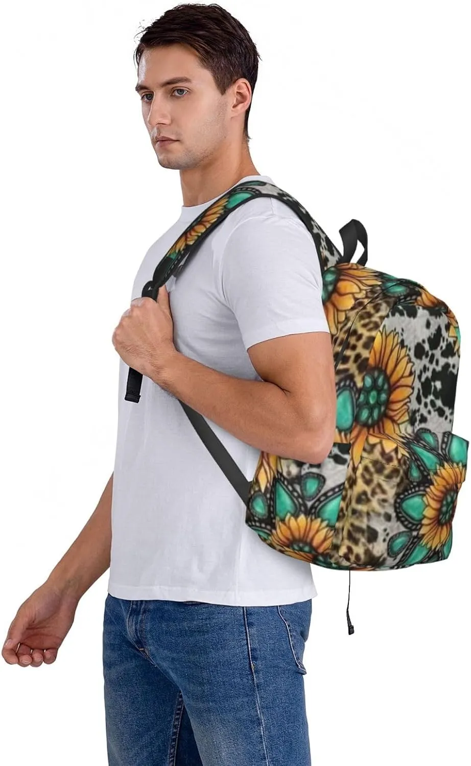 Sunflower Cow Print Backpack Casual Laptop Backpack Large Capacity Double Shoulder Bag Travel Daypack For Women Men