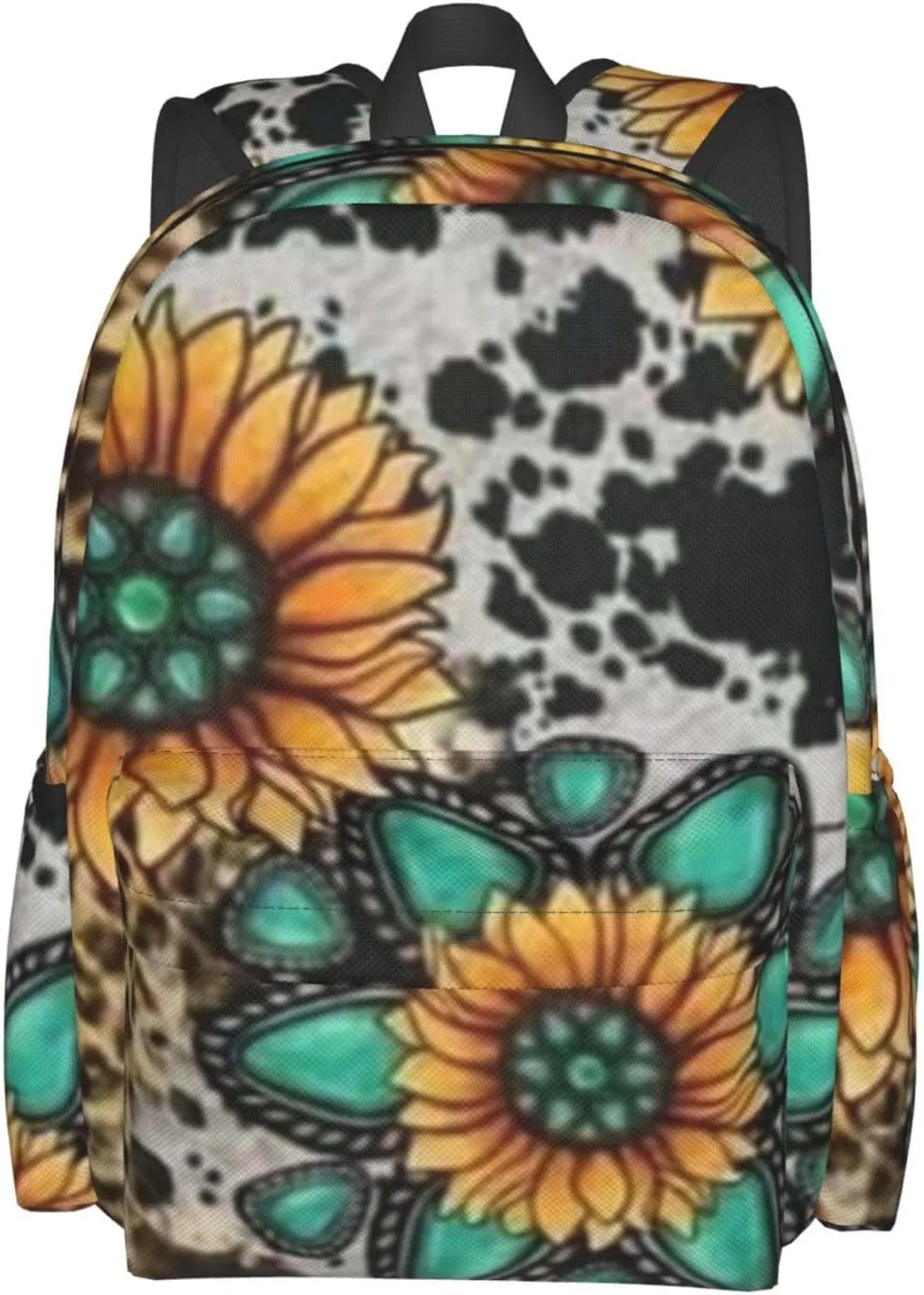 Sunflower Cow Print Backpack Casual Laptop Backpack Large Capacity Double Shoulder Bag Travel Daypack For Women Men