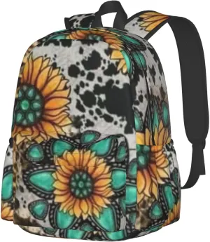 Sunflower Cow Print Backpack Casual Laptop Backpack Large Capacity Double Shoulder Bag Travel Daypack For Women Men