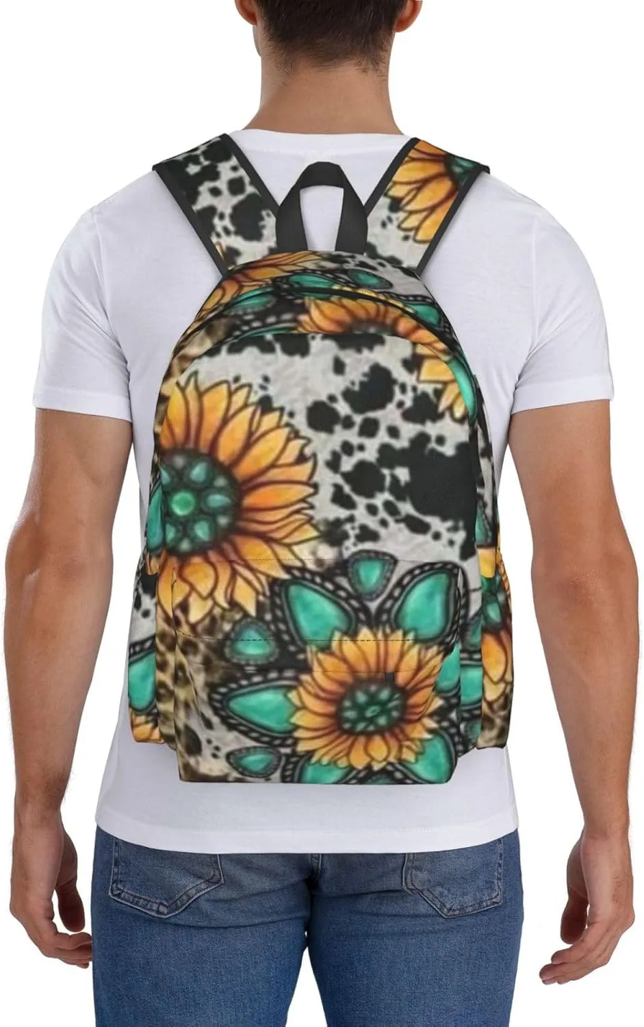 Sunflower Cow Print Backpack Casual Laptop Backpack Large Capacity Double Shoulder Bag Travel Daypack For Women Men