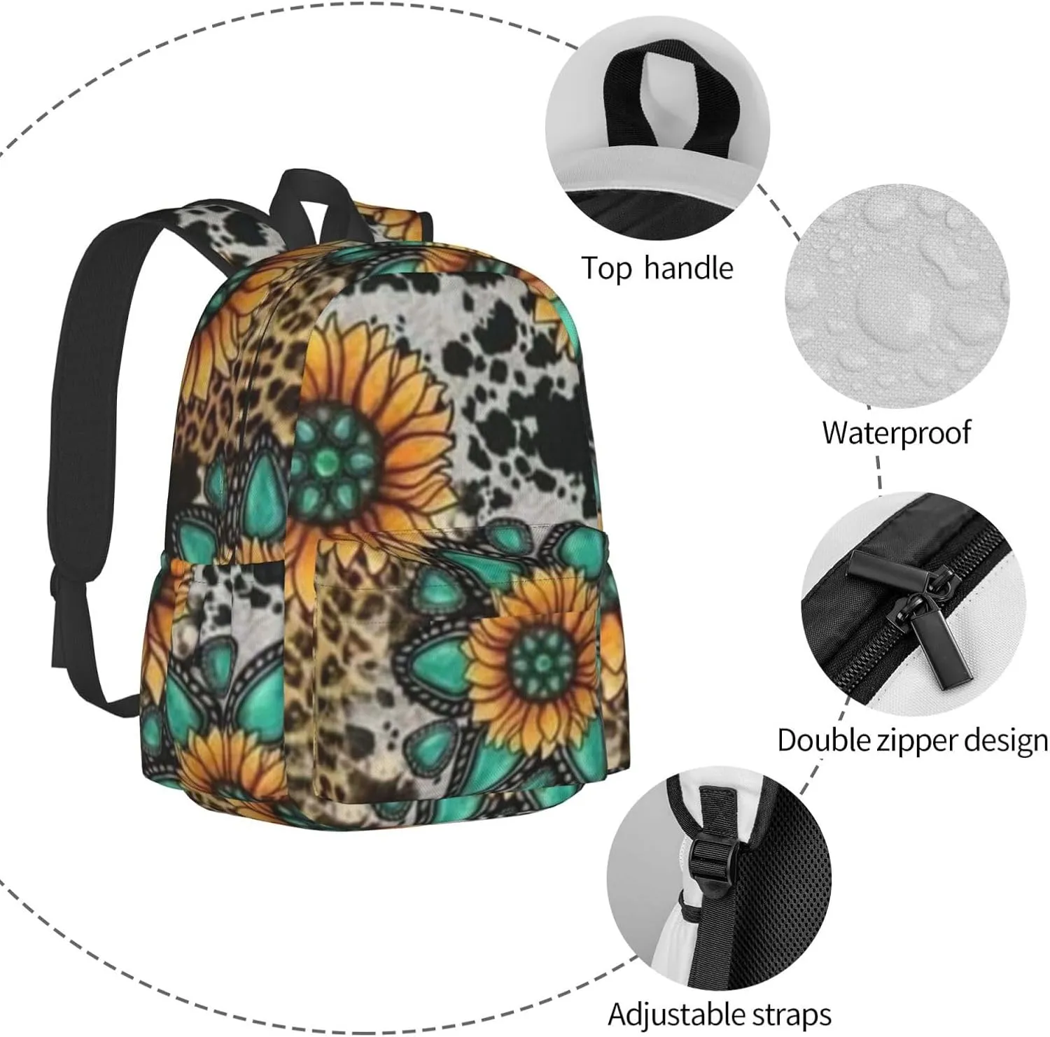 Sunflower Cow Print Backpack Casual Laptop Backpack Large Capacity Double Shoulder Bag Travel Daypack For Women Men