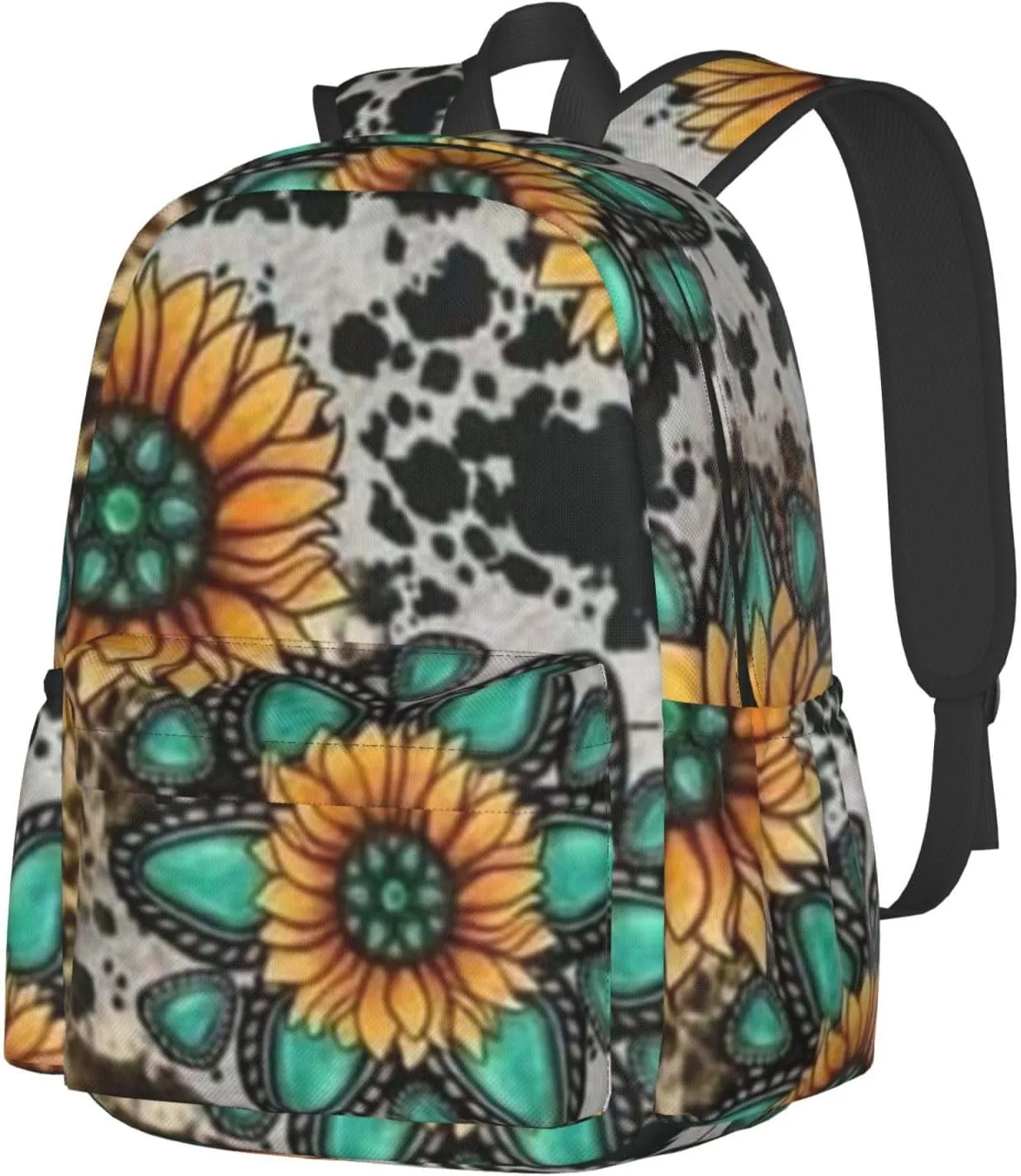 Sunflower Cow Print Backpack Casual Laptop Backpack Large Capacity Double Shoulder Bag Travel Daypack For Women Men