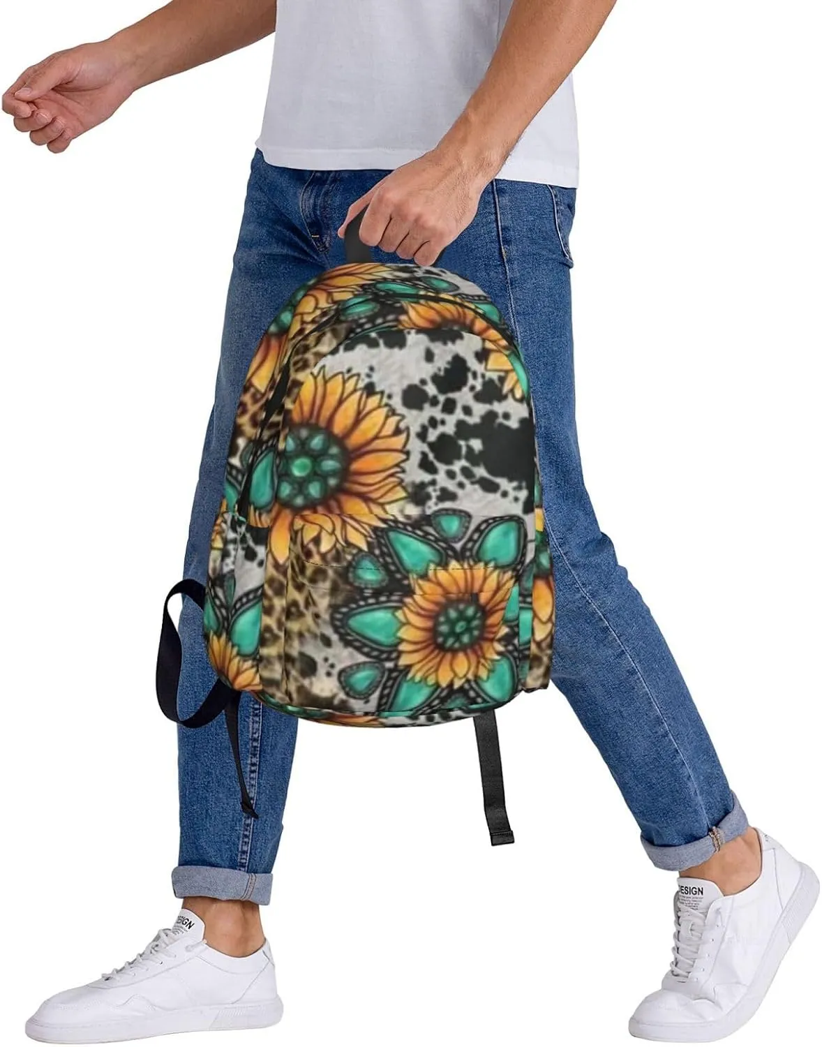 Sunflower Cow Print Backpack Casual Laptop Backpack Large Capacity Double Shoulder Bag Travel Daypack For Women Men