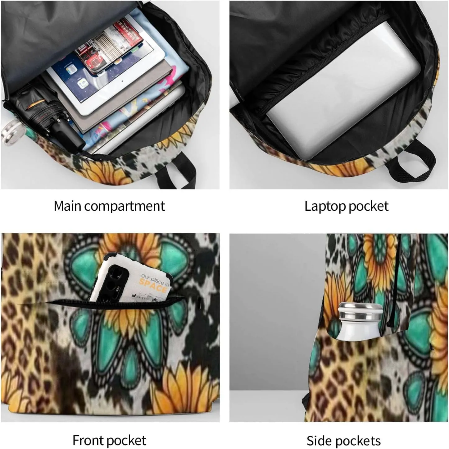 Sunflower Cow Print Backpack Casual Laptop Backpack Large Capacity Double Shoulder Bag Travel Daypack For Women Men